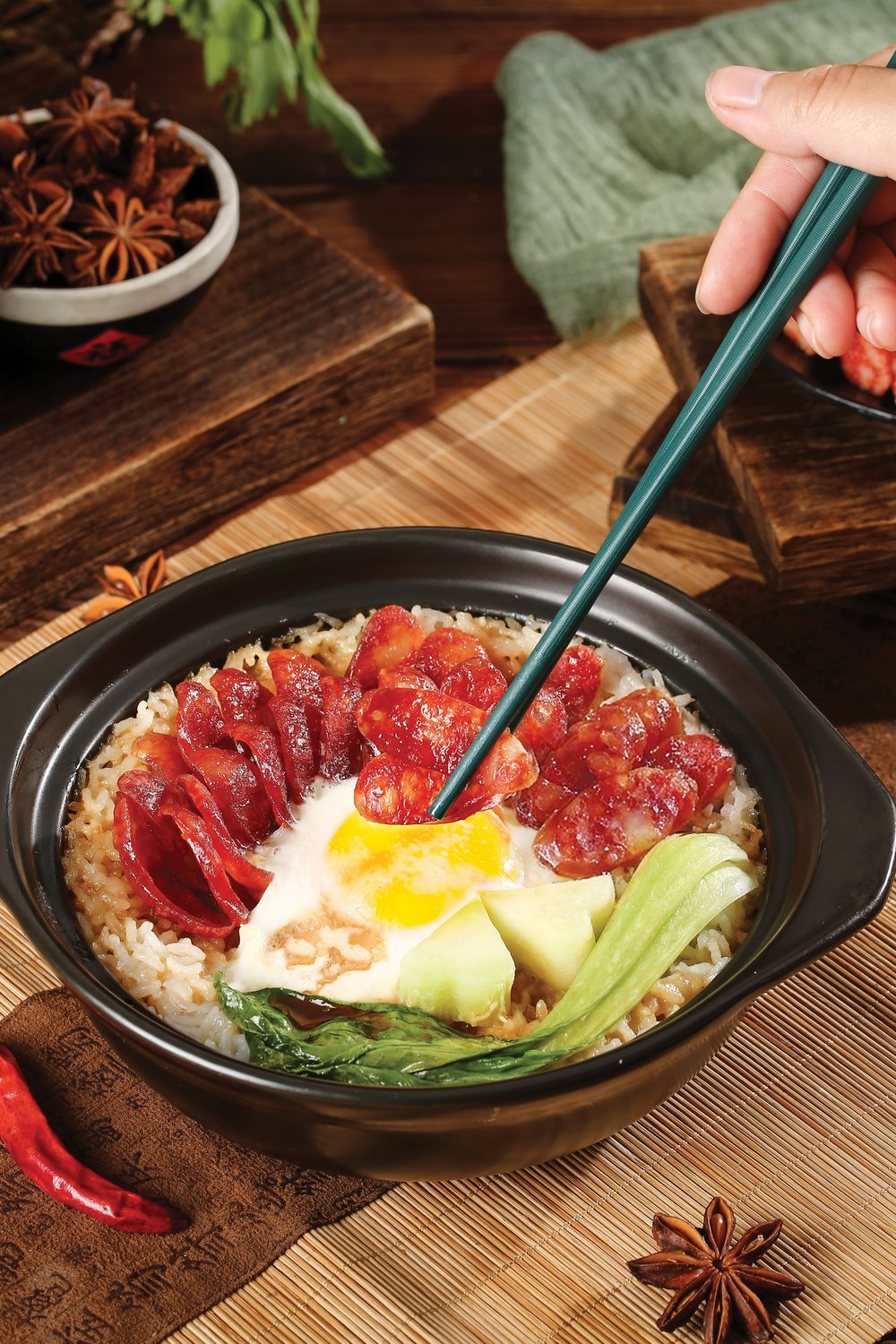 Clay pot rice with Chinese sausage and egg