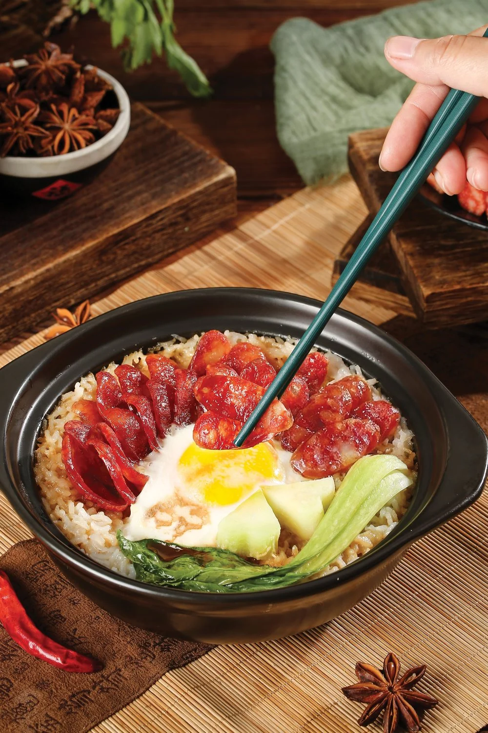 Clay pot rice with Chinese sausage and egg