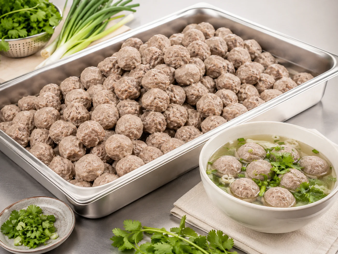 Asian beef meatballs, bo vien, in a bulk tray beside a bowl of meatball noodle soup