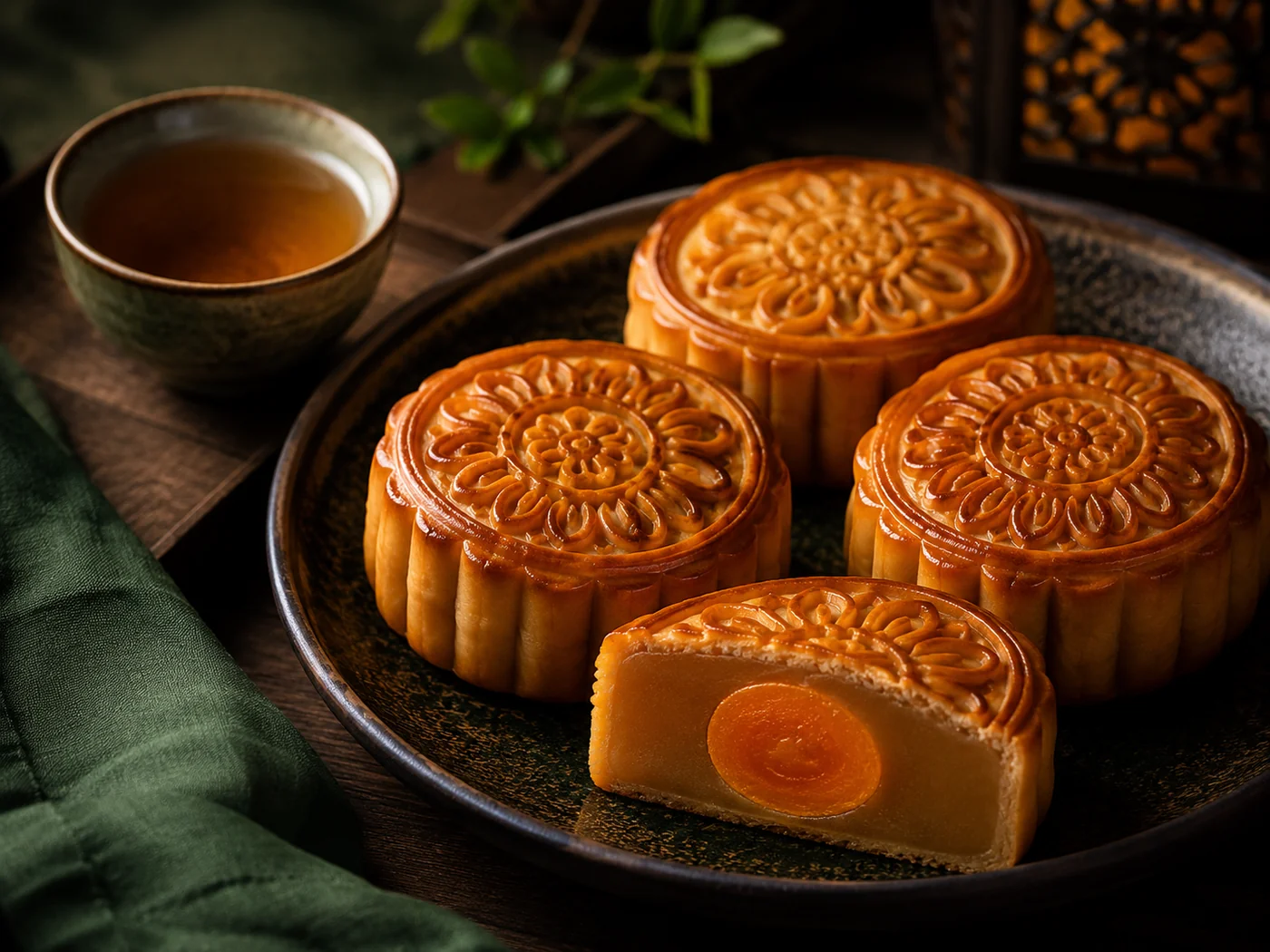 Mooncakes with lotus seed paste and a salted egg yolk, one cut open, served with tea