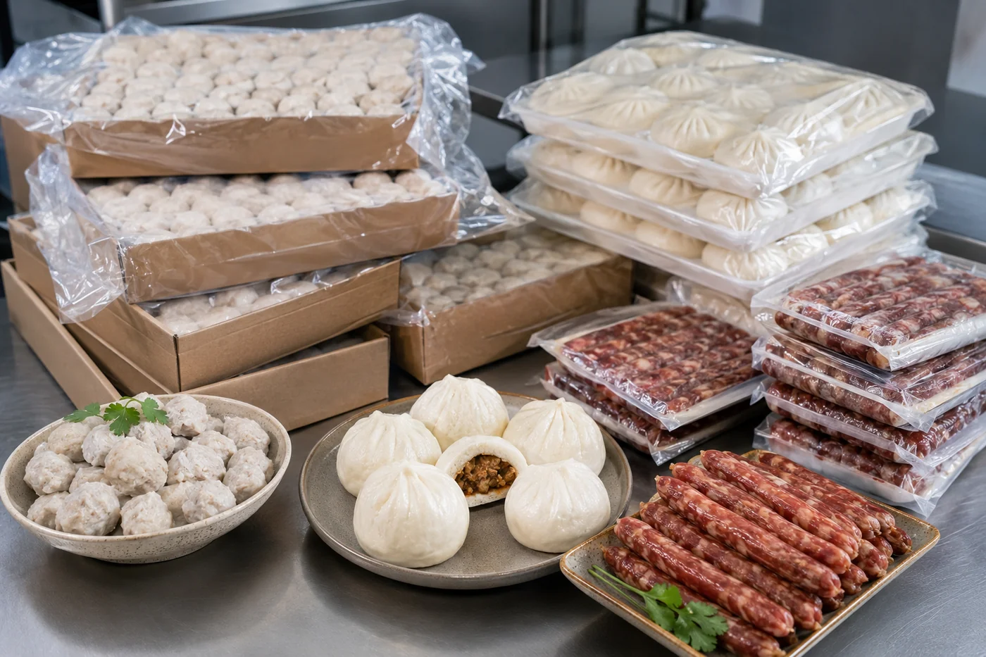 Bulk cases of frozen Asian meatballs, steamed buns and Chinese sausage for wholesale