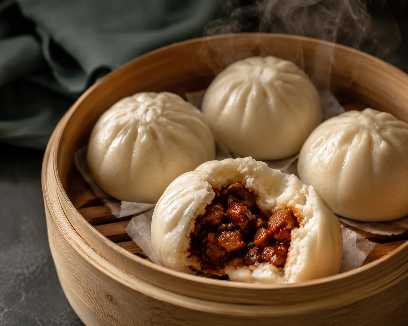 Steamed bao buns in a bamboo steamer, one torn open showing cha siu BBQ pork filling