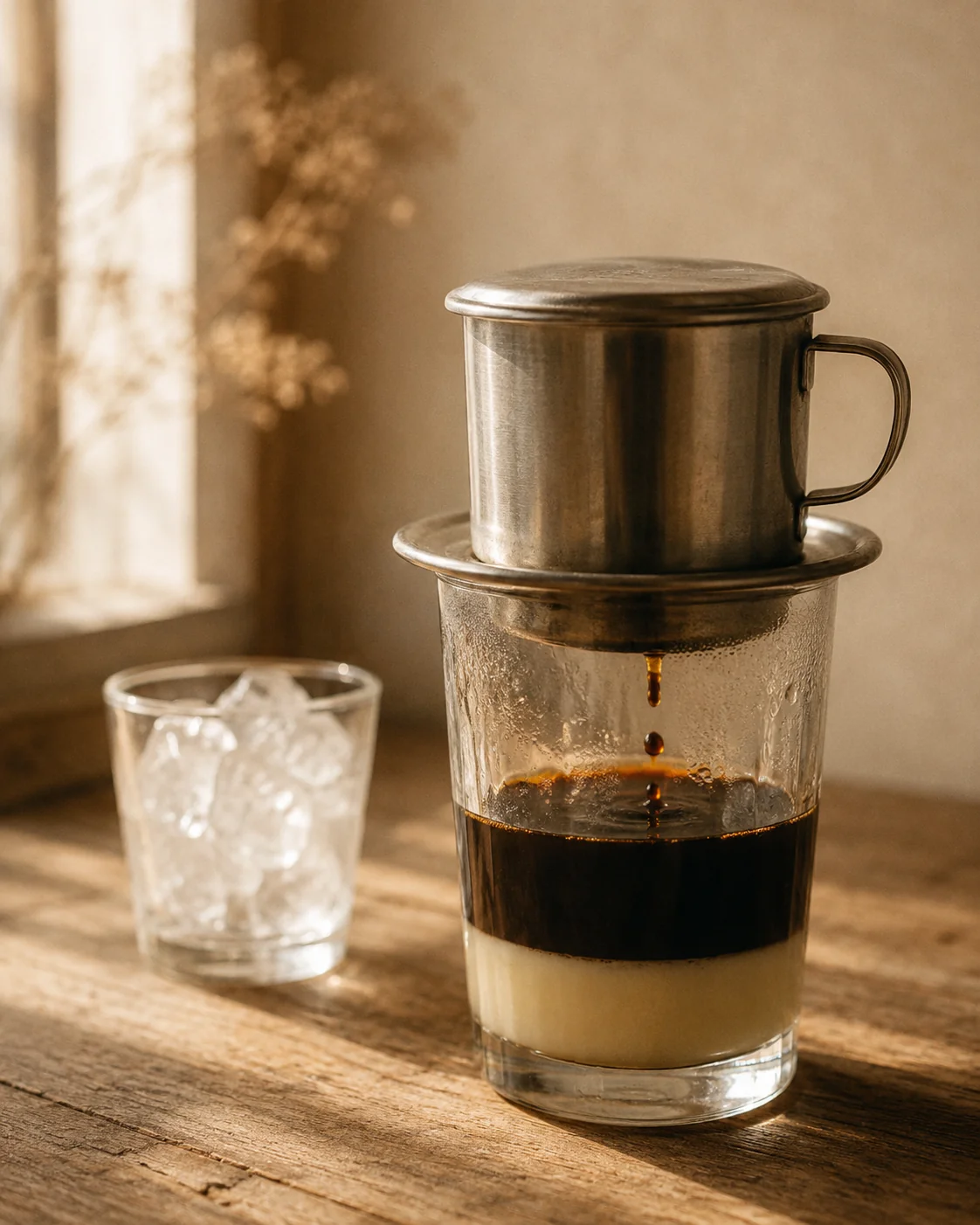 Vietnamese phin filter dripping coffee into sweetened condensed milk, with a glass of ice alongside